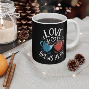 Love Brews Here - Black Coffee Mug - Cute Couple Gift, Romantic Heart Design, Valentine's Day Mug, Anniversary Gift for Coffee Lovers