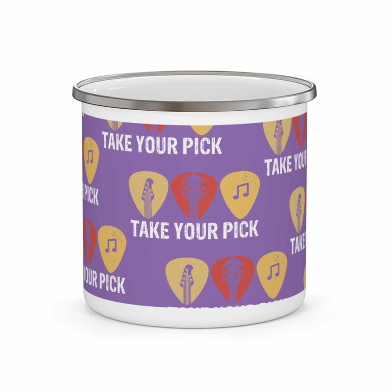Enamel guitar cup with purple background, guitar picks, and “Take Your Pick” musical design for musicians