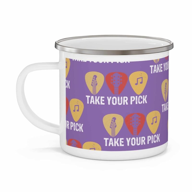 Enamel guitar cup with purple background, guitar picks, and “Take Your Pick” musical design for musicians