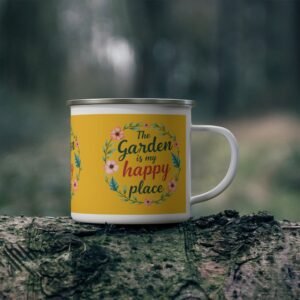 Floral enamel camping mug with ‘The Garden Is My Happy Place’ design