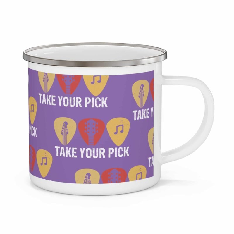 Enamel guitar cup with purple background, guitar picks, and “Take Your Pick” musical design for musicians