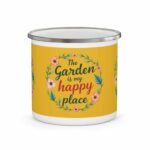 Floral enamel camping mug with ‘The Garden Is My Happy Place’ design