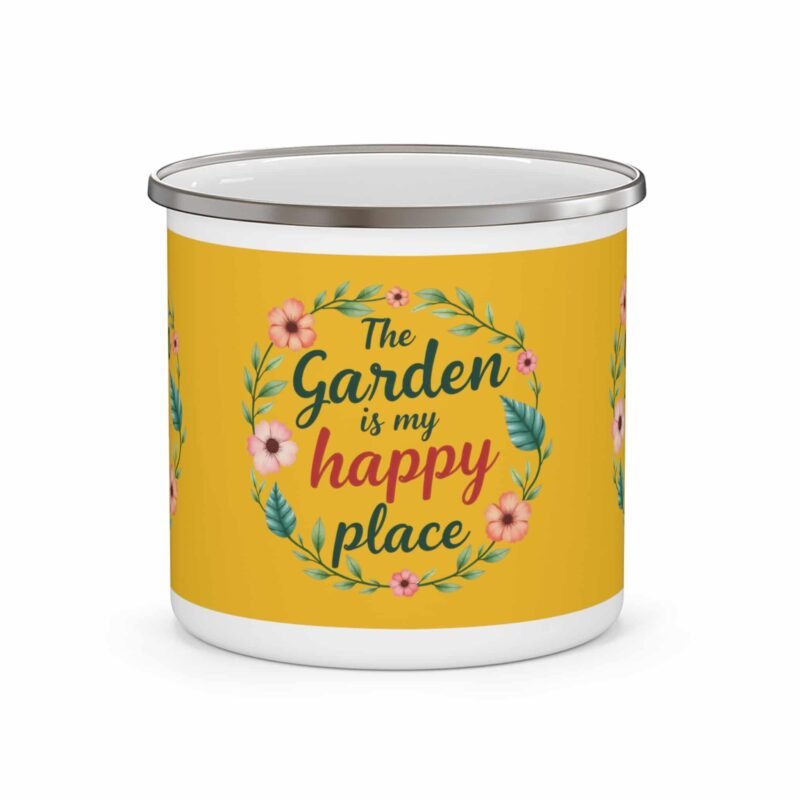 Floral enamel camping mug with ‘The Garden Is My Happy Place’ design