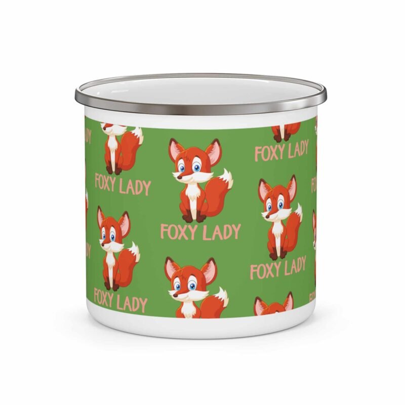 Green enamel mug with red fox illustrations and “Foxy Lady” text, perfect for fun-loving and confident women