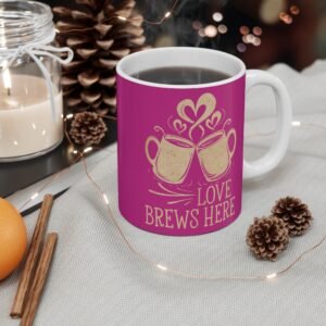 Love Brews Here - Pink Coffee Mug - Romantic Couple Gift, Cute Heart Design, Valentine's Day Mug for Coffee Lovers, Anniversary Gift