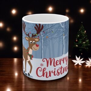 Christmas Reindeer Mug, Holiday Ceramic Cup, Merry Xmas Coffee Mug, Festive Hot Cocoa Drinkware, Winter Deer Tea Mug