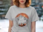 A woman wears a light gray t-shirt featuring a mountain graphic and the text "Faith can move Mountains."