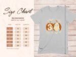 Size chart for Gildan 64000 softstyle t-shirt showing measurements for sizes S to 3XL, featuring a ghost and pumpkins design.