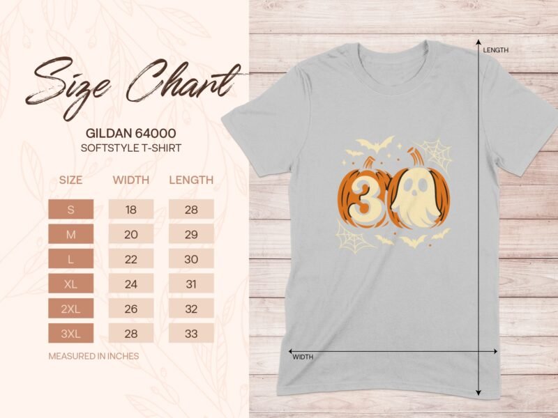 Size chart for Gildan 64000 softstyle t-shirt showing measurements for sizes S to 3XL, featuring a ghost and pumpkins design.