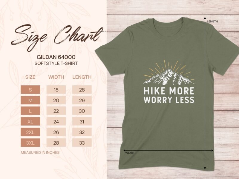 Size chart for Gildan 64000 softstyle t-shirt, featuring "Hike More Worry Less" design, with measurements in inches.