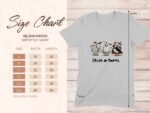 Size chart for Gildan 64000 softstyle t-shirt, showing dimensions with cartoon characters and "Chick or Tweet" text.