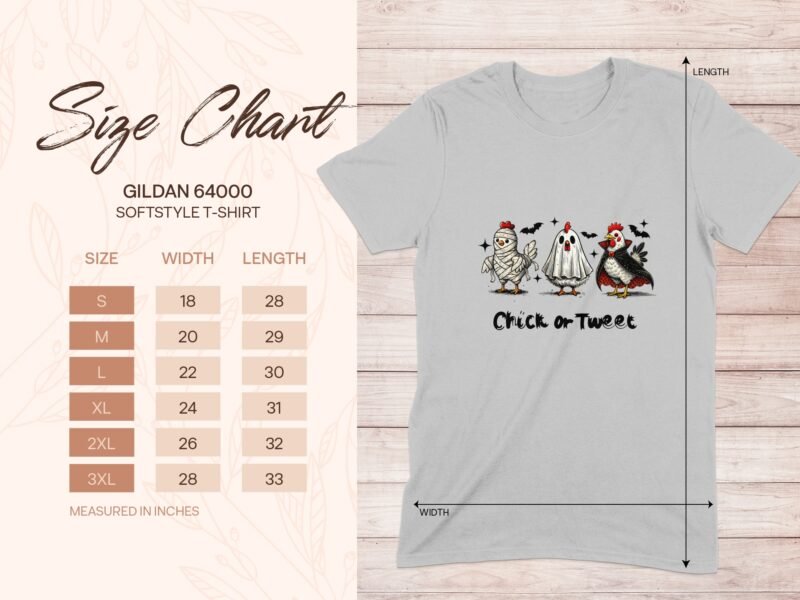 Size chart for Gildan 64000 softstyle t-shirt, showing dimensions with cartoon characters and "Chick or Tweet" text.
