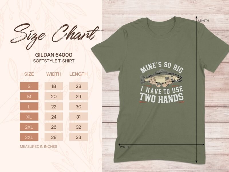 Size chart for Gildan 64000 t-shirt, featuring fish graphic and text: "MINE'S SO BIG I HAVE TO USE TWO HANDS."