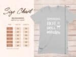 Size chart for Gildan 64000 softstyle t-shirt with measurements for different sizes and a gray shirt design.