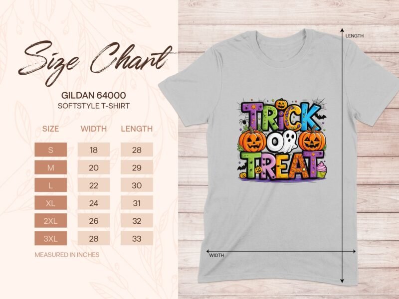 A gray t-shirt displays "TRICK OR TREAT" in colorful letters with pumpkins and a ghost graphic; includes a size chart.