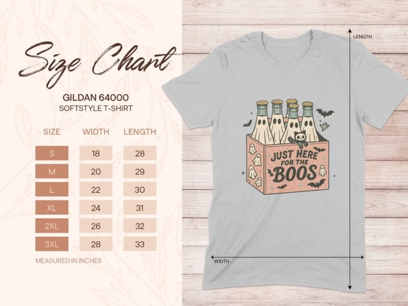 Size chart for Gildan 64000 softstyle t-shirt with bottle graphic, featuring Halloween-themed design and dimensions.
