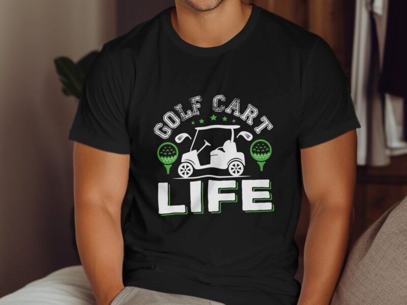 A close-up of a person wearing a black t-shirt with "GOLF CART LIFE" graphic and golf-themed icons.