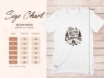Size chart for Gildan 64000 softstyle t-shirt, displaying dimensions and a campfire graphic with text.