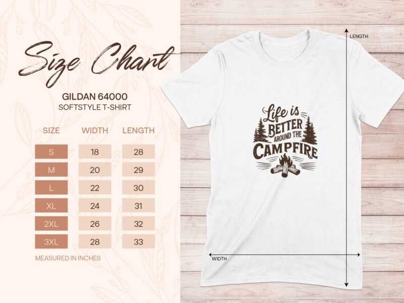 Size chart for Gildan 64000 softstyle t-shirt, displaying dimensions and a campfire graphic with text.