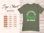 Size chart for Gildan 64000 t-shirt with golf-themed graphic and measurements for various sizes.