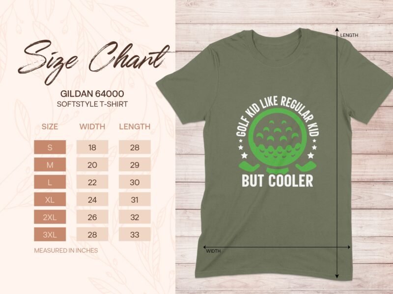 Size chart for Gildan 64000 t-shirt with golf-themed graphic and measurements for various sizes.