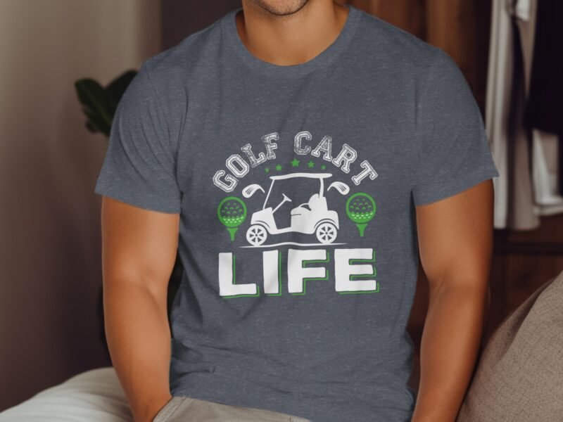 Man wearing a navy t-shirt with "GOLF CART LIFE" and a graphic of a golf cart with golf clubs and tees.