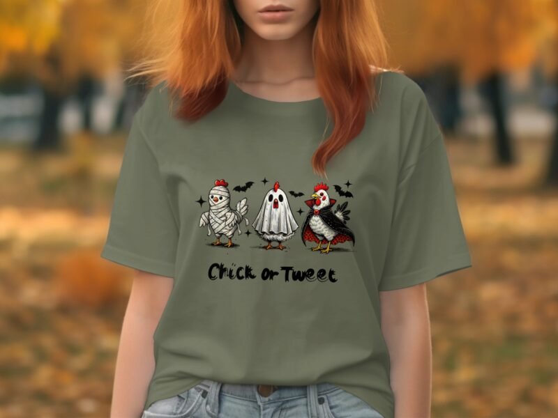 Woman wearing a green t-shirt with cartoon chickens in costumes and the text "Chick or Tweet" on an autumn background.