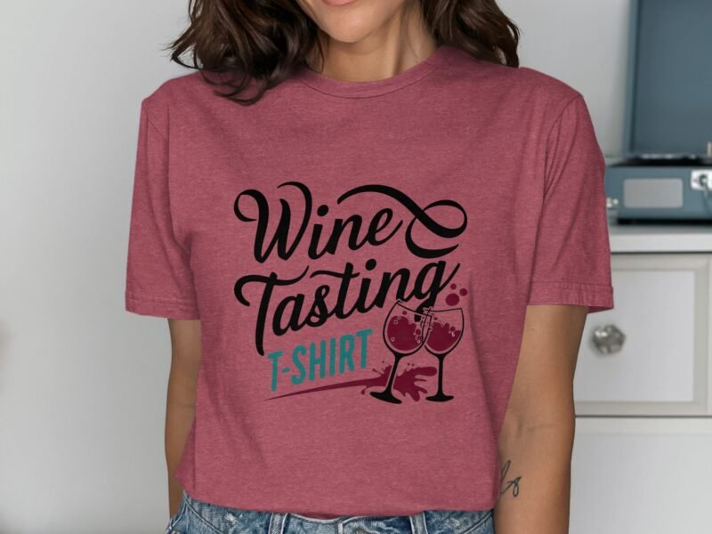 Woman wearing a maroon t-shirt with "Wine Tasting T-Shirt" graphic and wine glasses design. Background features furniture.