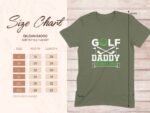 Size chart for Gildan 64000 Softstyle T-shirt, showing dimensions for S to 3XL, featuring "Golf Daddy" design.