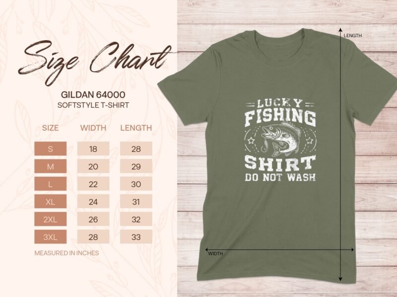 Size chart for Gildan 64000 softstyle t-shirt, showing sizes S to 3XL with measurements in inches on a light background.