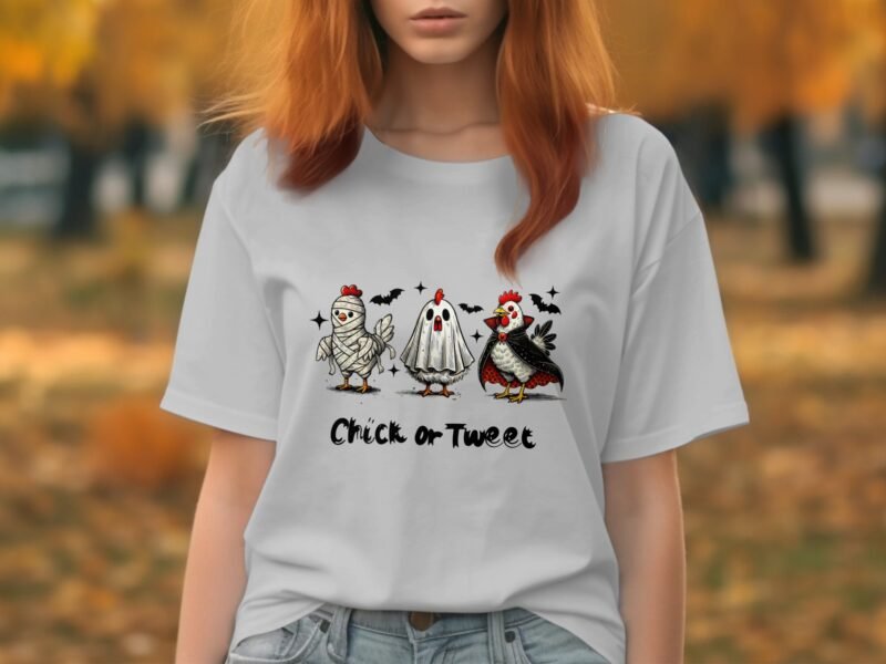 A woman in a light gray t-shirt featuring cartoon chickens and ghosts with the text "Chick or Tweet." Autumn background.