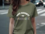 A person wearing an olive green t-shirt with the text "WAVE GOODBYE TO ANALOGUE" in stylized colors.