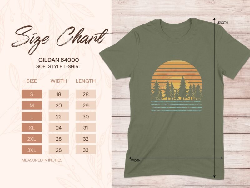 Gildan 64000 size chart for softstyle t-shirts, displaying sizes S to 3XL with width and length measurements in inches.
