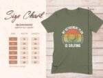 A light green t-shirt with “MY RETIREMENT PLAN IS GOLFING” text and a golf ball design, alongside a size chart.