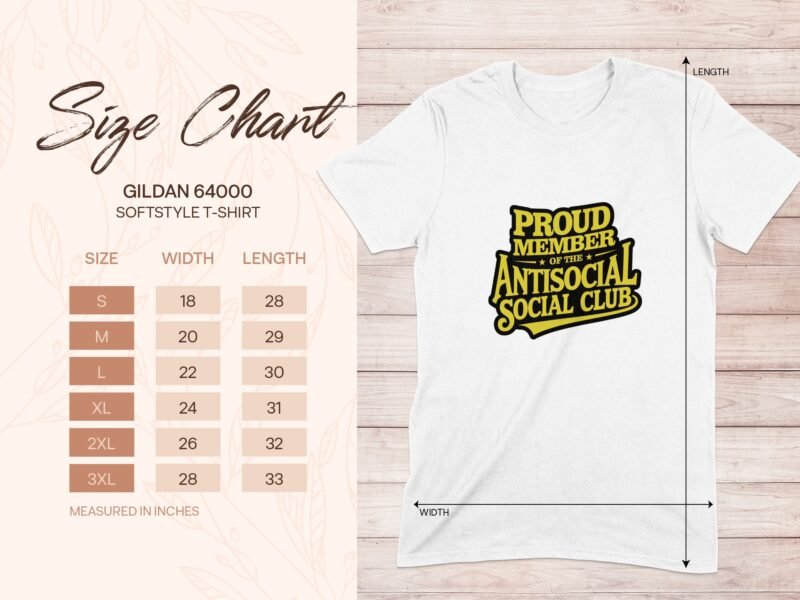 Size chart for Gildan 64000 softstyle t-shirt, featuring a "Proud Member of the Antisocial Social Club" graphic.