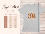 Size chart for Gildan 64000 softstyle t-shirt, featuring sizing details and a "Thirty Spooky" graphic design.