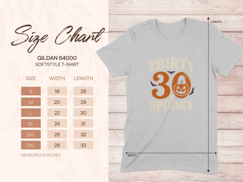 Size chart for Gildan 64000 softstyle t-shirt, featuring sizing details and a "Thirty Spooky" graphic design.