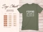 Size chart for Gildan 64000 softstyle t-shirt with measurements for various sizes and fishing-themed text design.