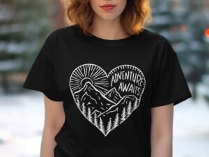 A woman in a black t-shirt features a white heart graphic with mountains, trees, and the text "Adventure Awaits."