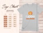 Size chart for Gildan 64000 softstyle t-shirt with Halloween design, showing measurements for various sizes.