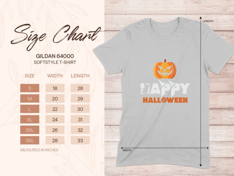 Size chart for Gildan 64000 softstyle t-shirt with Halloween design, showing measurements for various sizes.