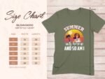 Size chart for Gildan 64000 softstyle t-shirt with dimensions in inches for different sizes and a summer-themed graphic.