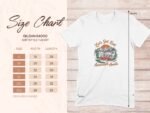 Size chart for Gildan 64000 softstyle t-shirt, featuring dimensions for small to 3XL sizes and a vintage outdoor design.