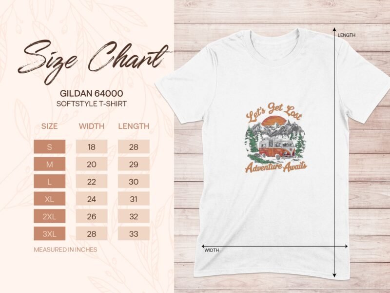 Size chart for Gildan 64000 softstyle t-shirt, featuring dimensions for small to 3XL sizes and a vintage outdoor design.