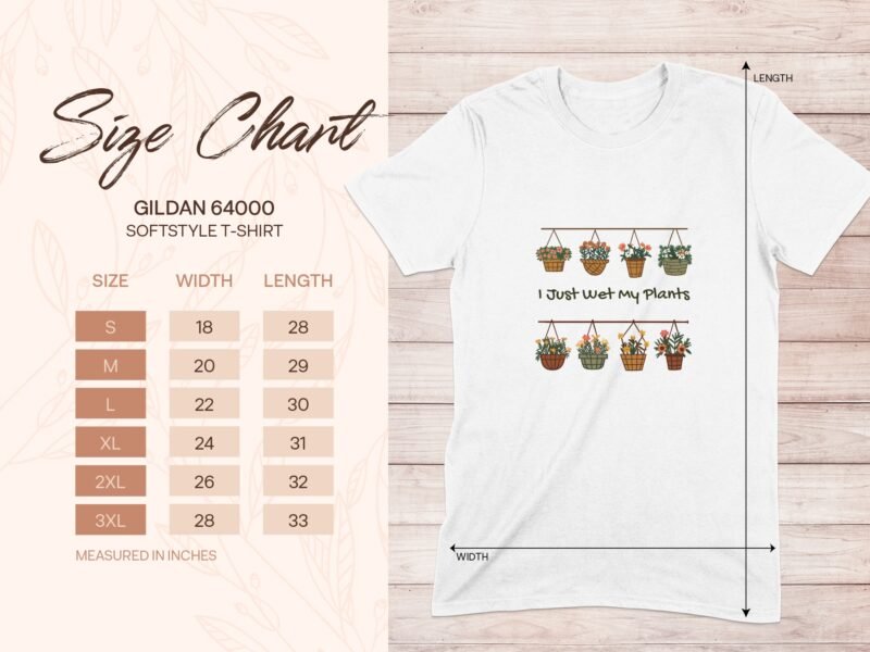 Size chart for Gildan 64000 Softstyle T-shirt with plant graphics and measurements for sizes S to 3XL.