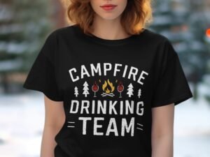 A person wearing a black t-shirt with the text "Campfire Drinking Team," featuring trees and flames graphics.