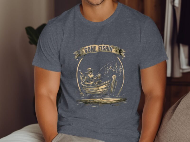 A man wearing a navy blue t-shirt features a "Gone Fishin'" graphic with a fisherman in a boat and trees.