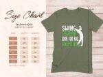 Size chart for Gildan 64000 softstyle T-shirt, featuring a golfer graphic and text: "Swing, Swear, Look for Ball, Repeat."