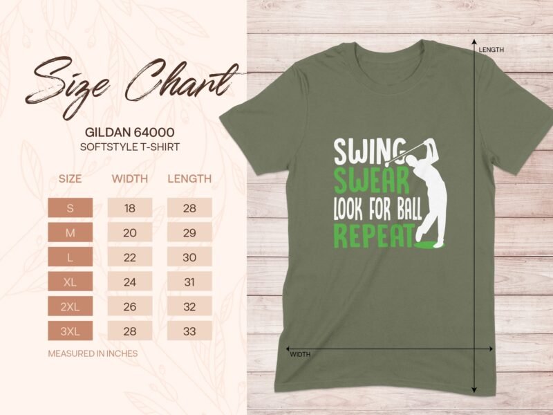 Size chart for Gildan 64000 softstyle T-shirt, featuring a golfer graphic and text: "Swing, Swear, Look for Ball, Repeat."