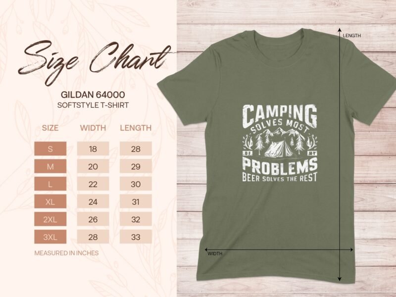 Size chart for Gildan 64000 softstyle t-shirt with measurements for various sizes and a camping-themed graphic.
